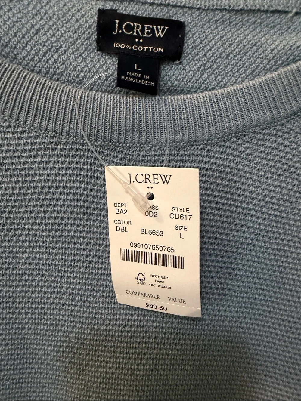 NWT J. Crew Men’s Light Blue Crewneck Cotton Subtle Waffle Knit Sweater Sz L